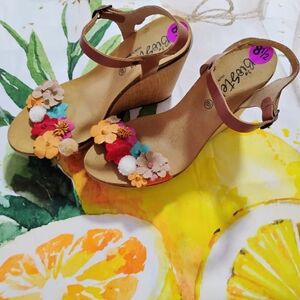 Brown and Orange Leather Wedge Sandals with Floral Design